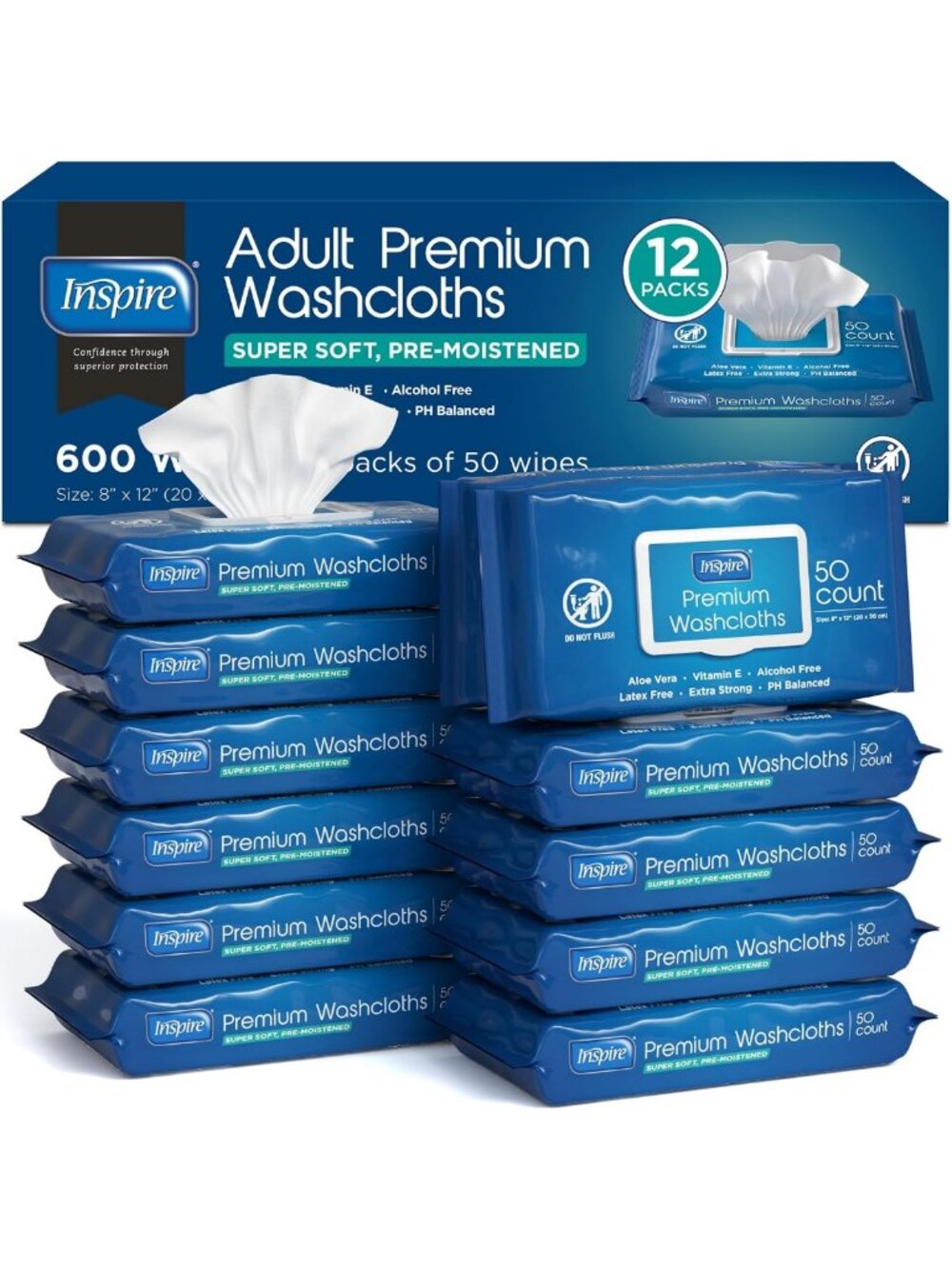Adult Wet Wipes for Incontinence & Cleansing | Soft Wash Cloths, 12 Packs of 50